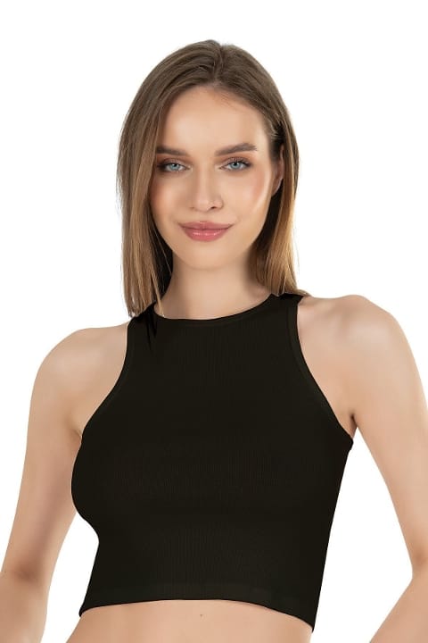 Halter Yaka Pamuklu Fitilli Vücuda Oturan Crop Atlet Özkan 26814 - Siyah