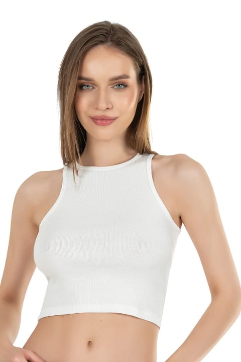 Halter Yaka Pamuklu Fitilli Vücuda Oturan Crop Atlet Özkan 26814 - Ekru