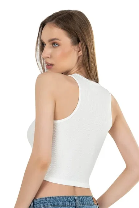 Halter Yaka Pamuklu Fitilli Vücuda Oturan Crop Atlet Özkan 26814 - Ekru