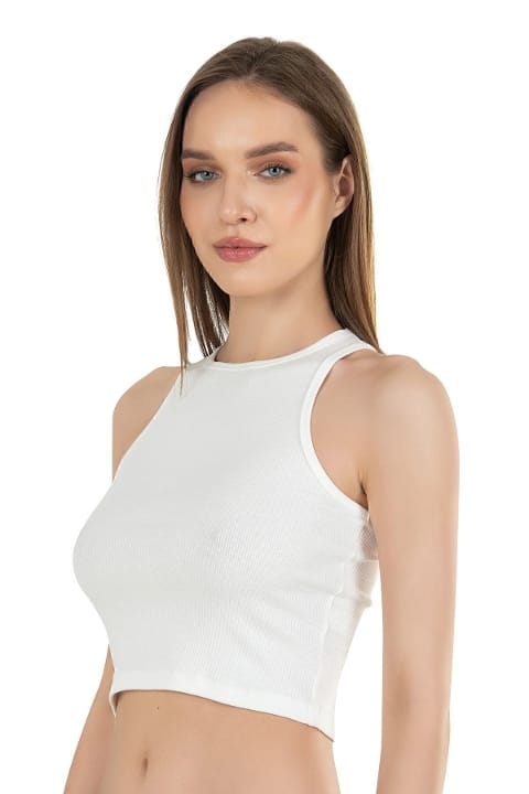 Halter Yaka Pamuklu Fitilli Vücuda Oturan Crop Atlet Özkan 26814 - Ekru