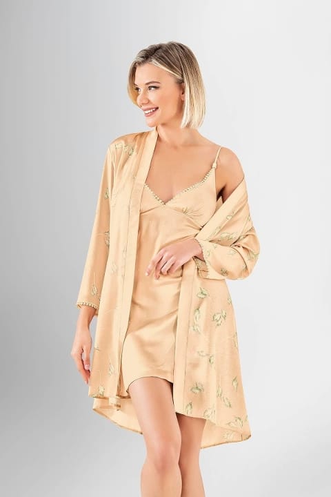 İnce Askılı Saks Mavi Kısa Gecelik Sabahlık Takımı Ahu 1914