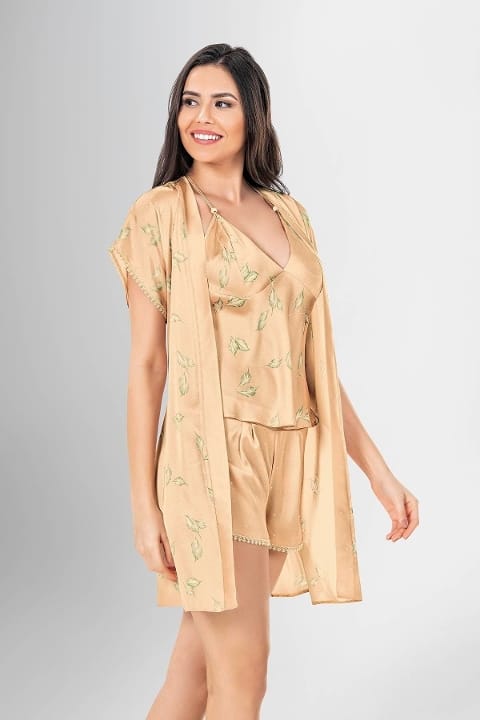 Saks Mavi İnce Askılı 3'lü Sabahlık Şort Takımı Ahu Lingerie 1915 - Sarı