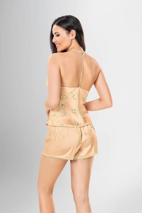 Saks Mavi İnce Askılı 3'lü Sabahlık Şort Takımı Ahu Lingerie 1915 - Sarı