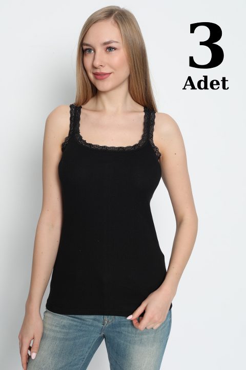 Dantel Detaylı İnce Askılı Siyah Atlet 3lü Paket Arma Yıldız 3362 - Siyah