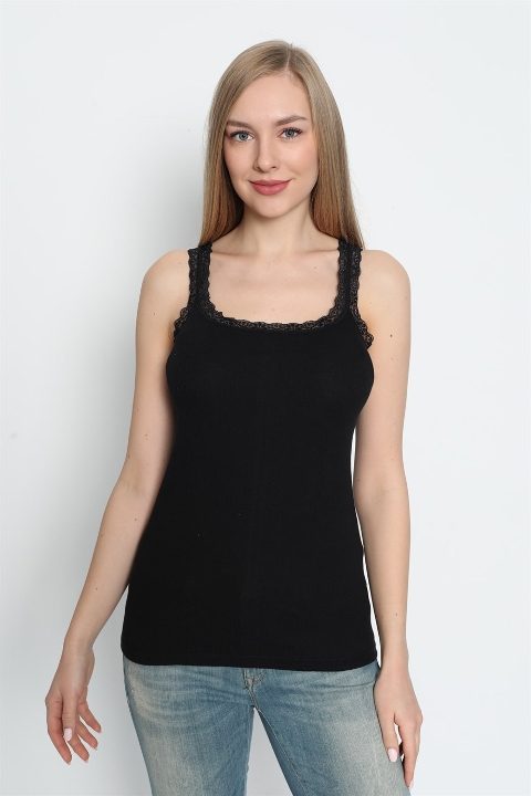 Dantel Detaylı Nefes Alan İnce Askılı Atlet Arma Yıldız 3362 - Siyah