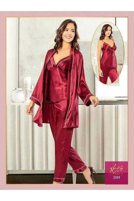İnce Askılı Bordo Saten 3Lü Sabahlık Pijama Seti XSES 2101 - Bordo