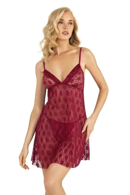 Bordo İp Askılı Kısa Tül Gecelik Ahu 4220 - Bordo