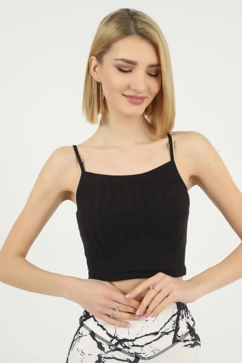 Pamuklu İp Askılı Crop Atlet Beyaz Anıt 2205 - Siyah