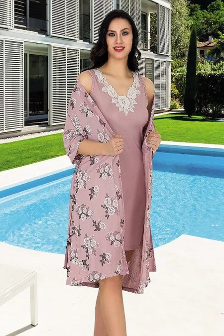 İp Askılı Penye Gecelikli Sabahlık 2'li Takım Lady 564 - Görsel
