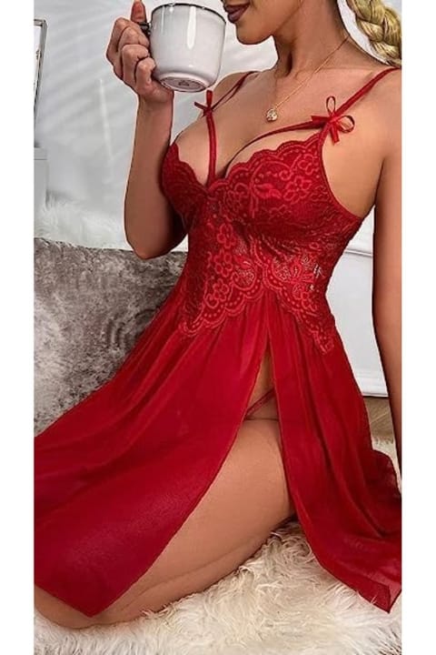 İpli Dantelli Tül Kırmızı Fantezi Gecelik Ruselin 2105 - Kırmızı
