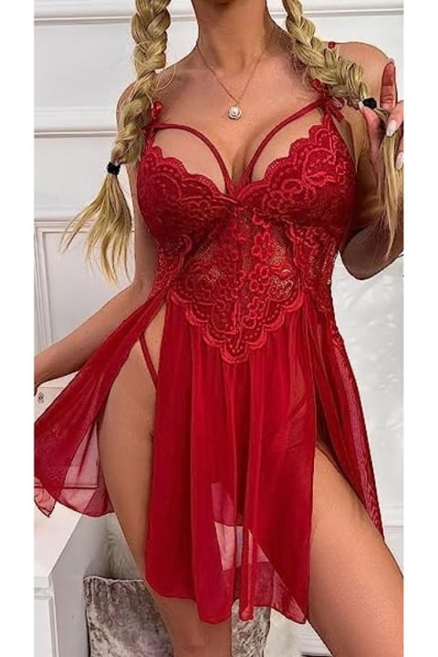 İpli Dantelli Tül Kırmızı Fantezi Gecelik Ruselin 2105