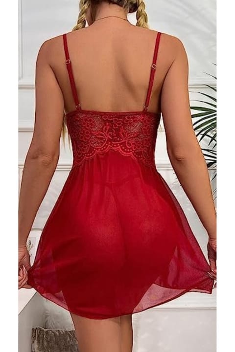 İpli Dantelli Tül Kırmızı Fantezi Gecelik Ruselin 2105 - Kırmızı