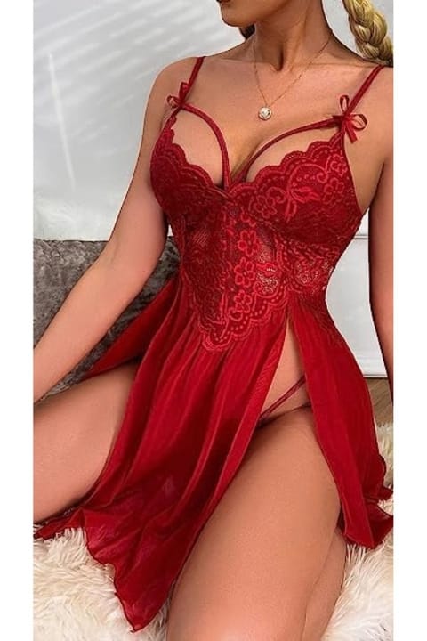 İpli Dantelli Tül Kırmızı Fantezi Gecelik Ruselin 2105 - 2