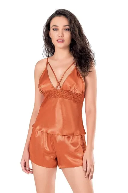 İpli Oranj Saten Babydoll Şort Takımı Ahu 9104 - Turuncu