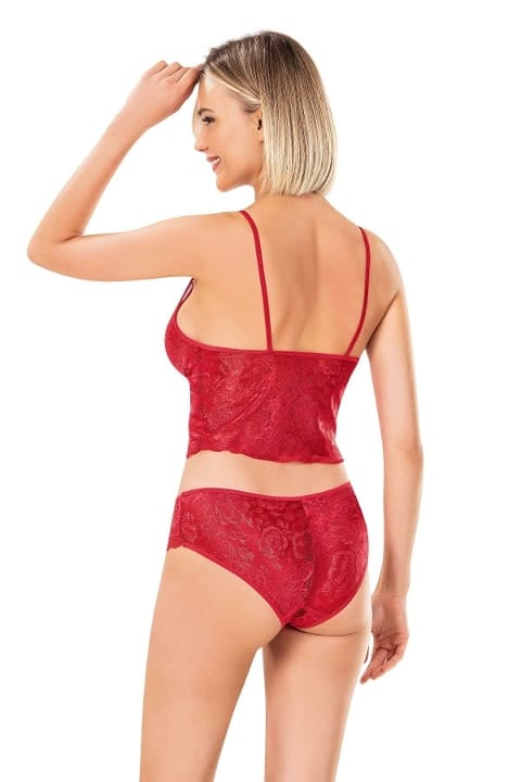 Jakarlı Dantel Detaylı Şort Takımı Kırmızı Ahu 9153 - 2