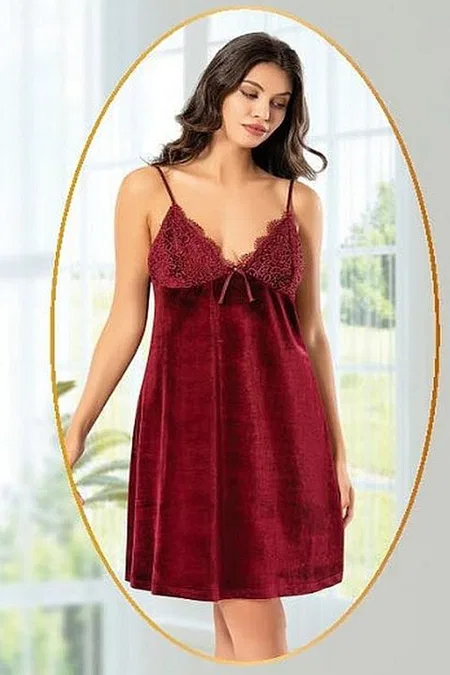 Güpürlü Kadife Sabahlık Gecelik Takımı Bordo XSES 5120 - Bordo