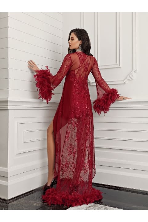 Asimetrik Kesim Kolları Tüylü Saten Gecelik Takımı İmaj 3203 - Bordo