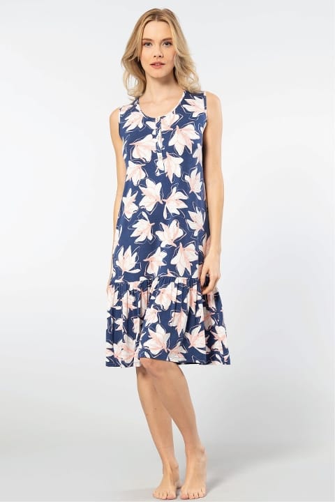 Kalın Askılı Midi Boy Desenli Kadın Gecelik Viskon Elastan Türen 3386