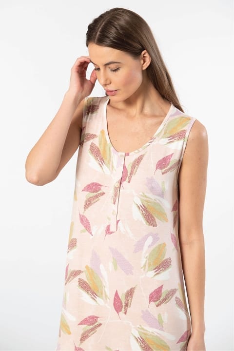 Düğmeli Askılı Desenli Midi Boy Kadın Gecelik Viskon Elastan Türen 3386 - Pudra