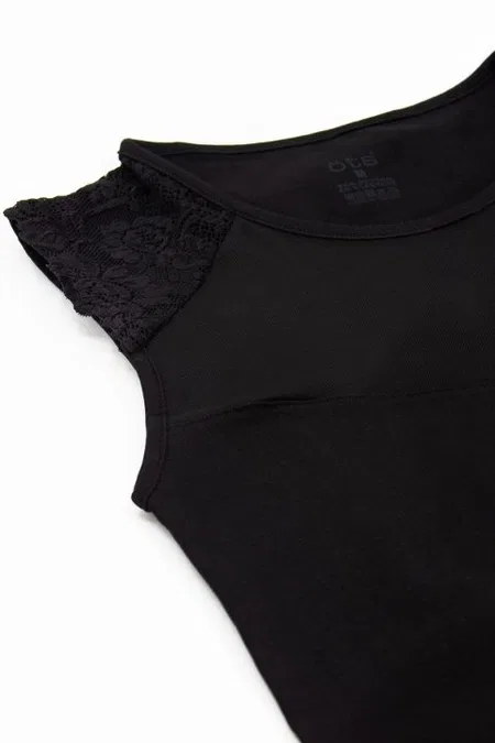Tüllü Dantel Detaylı Yarım Kollu Body Öts 3162 - Siyah
