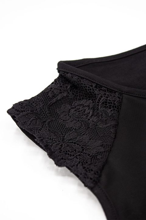 Tüllü Dantel Detaylı Yarım Kollu Body Öts 3162 - Siyah