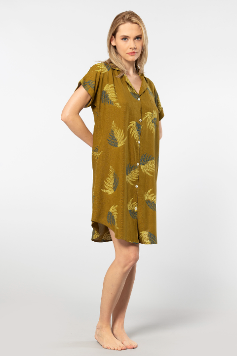 Viskon Yaprak Desenli Kısa Kollu Elbise Türen 3601 - Haki