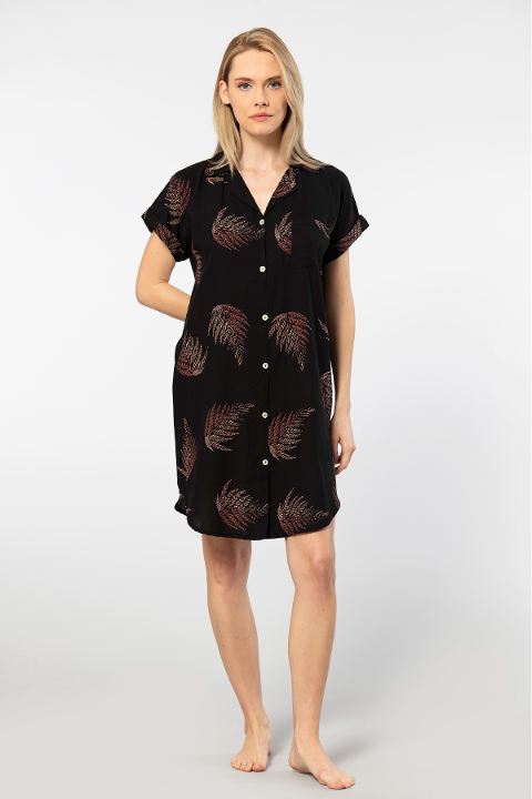 Yaprak Desenli Rahat Viskon Kadın Elbise Türen 3601 - Siyah