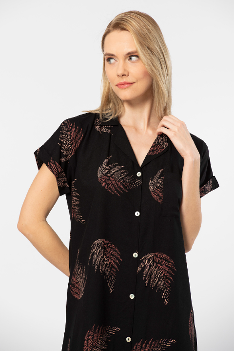 Yaprak Desenli Rahat Viskon Kadın Elbise Türen 3601 - Siyah