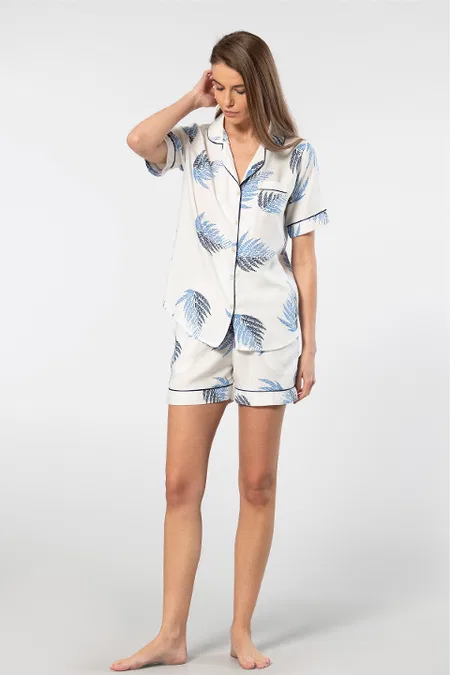 Desenli Dokuma Kadın Şort Pijama Takımı Türen 3605 - Ekru