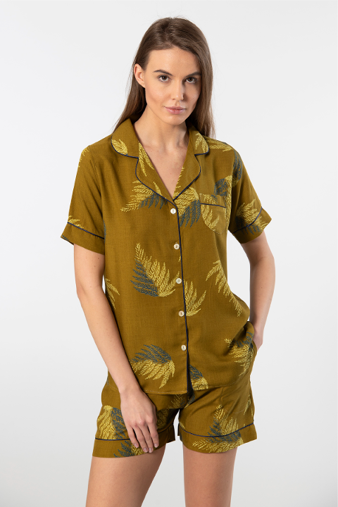 Düğmeli Desenli Viskon Şort Kadın Pijama Takımı Türen 3605 - Haki