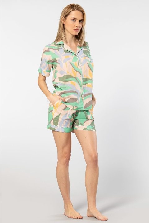 Desenli Dokuma Şort Takım Kadın Türen 3605 - Yeşil
