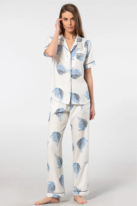 Yaprak Desenli Kısa Kollu Pijama Takımı Viskon Türen 3604 - Ekru