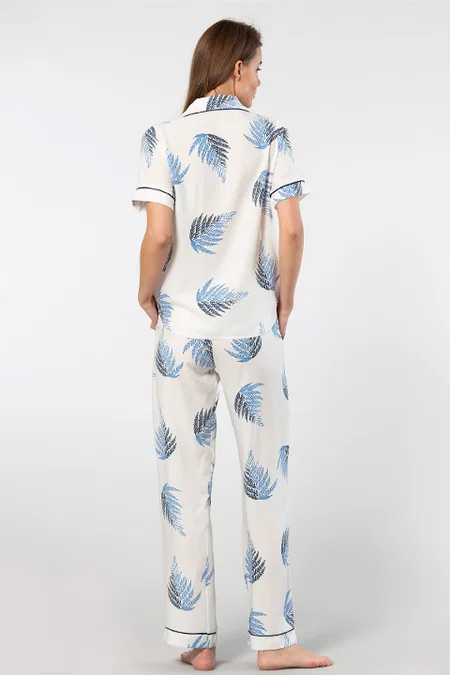 Yaprak Desenli Kısa Kollu Pijama Takımı Viskon Türen 3604 - Ekru