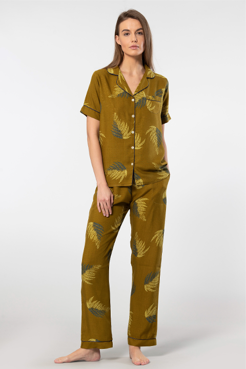 Türen Cepli Kısa Kollu Viskon Yaprak Desenli Pijama Takımı Türen 3604