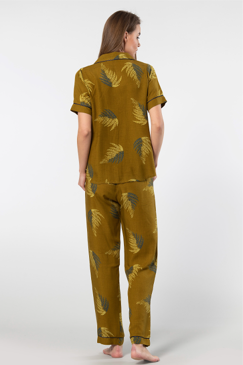 Türen Cepli Kısa Kollu Viskon Yaprak Desenli Pijama Takımı Türen 3604 - Görsel 4