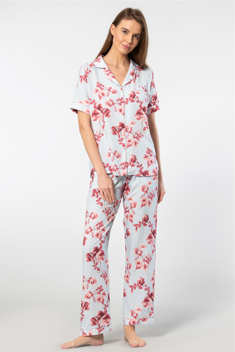 Desenli Kısa Kollu Viskon Kadın Pijama Takımı Türen 3604 - Mavi