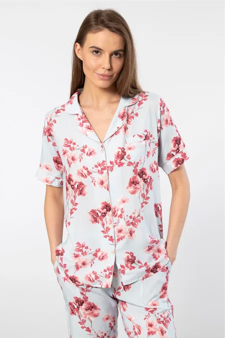 Desenli Kısa Kollu Viskon Kadın Pijama Takımı Türen 3604 - Mavi