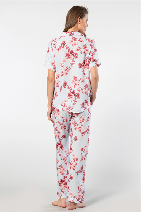 Desenli Kısa Kollu Viskon Kadın Pijama Takımı Türen 3604 - Mavi