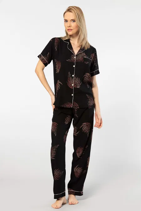 Yaprak Desenli Kısa Kollu Pijama Takımı Türen 3604 - Siyah