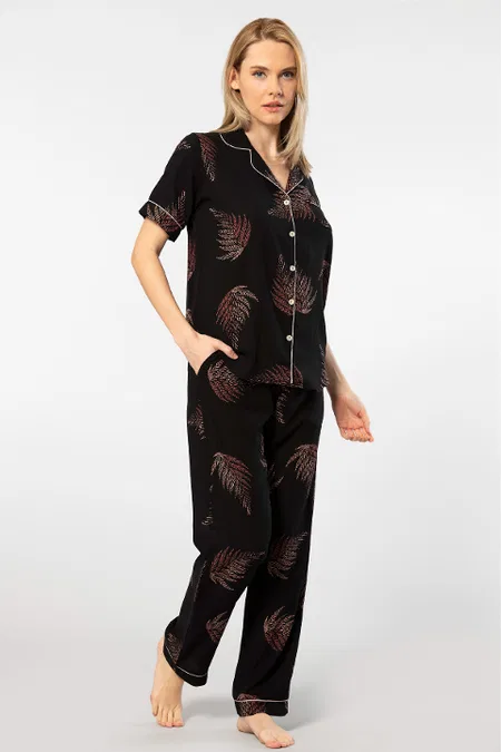 Yaprak Desenli Kısa Kollu Pijama Takımı Türen 3604 - Siyah