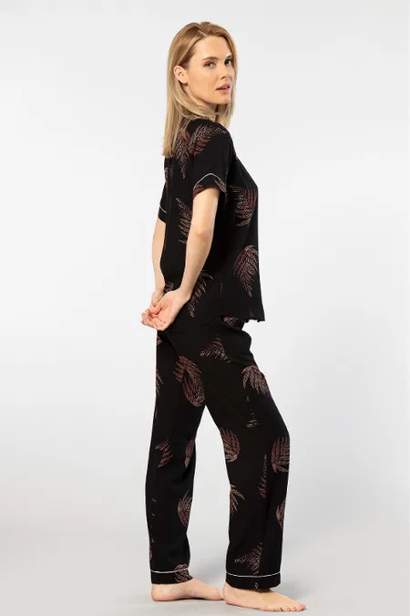 Yaprak Desenli Kısa Kollu Pijama Takımı Türen 3604 - Siyah