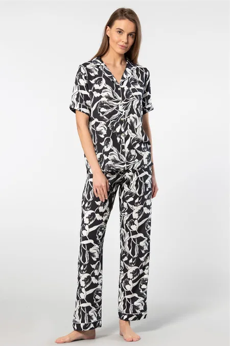 Yaprak Desenli Kısa Kollu Kadın Pijama Takımı Türen 3604 - Siyah2