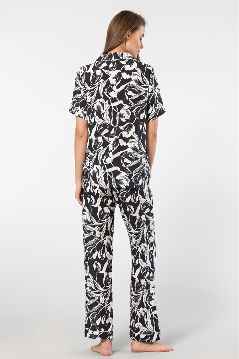 Yaprak Desenli Kısa Kollu Kadın Pijama Takımı Türen 3604 - Siyah2