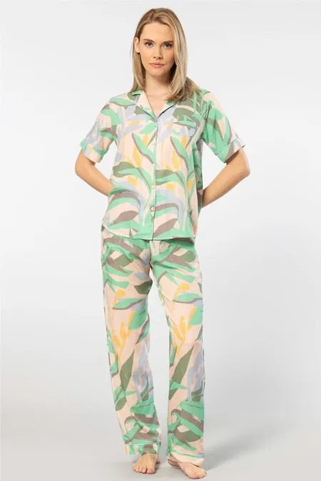 Desenli Viskon Kadın Pijama Takımı Türen 3604 - Yeşil