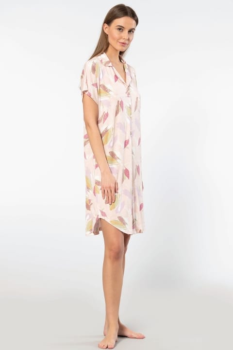 Viskon Elastan Gömlek Yaka Kısa Kollu Kadın Gecelik Türen 3607 - Pudra