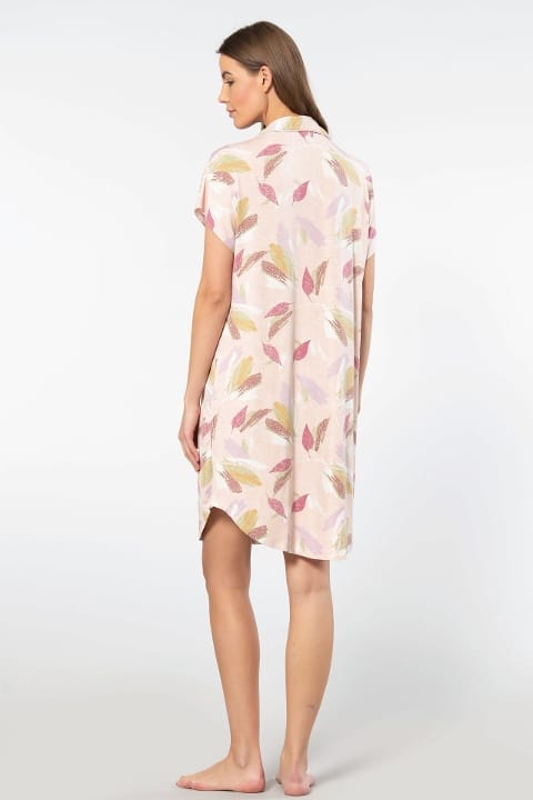 Viskon Elastan Gömlek Yaka Kısa Kollu Kadın Gecelik Türen 3607 - Pudra