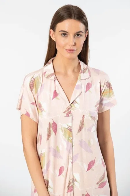 Viskon Elastan Gömlek Yaka Kısa Kollu Kadın Gecelik Türen 3607 - Pudra