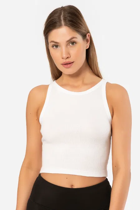 Pamuklu Esnek Fitilli Crop T-shirt Türen 3404 - Beyaz