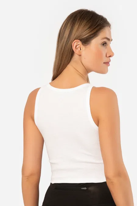 Pamuklu Esnek Fitilli Crop T-shirt Türen 3404 - Beyaz