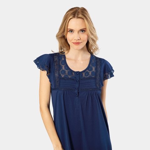 Penye Yaka Düğmeli Kısa Kollu Kadın Gecelik Türen 3284 - Lacivert